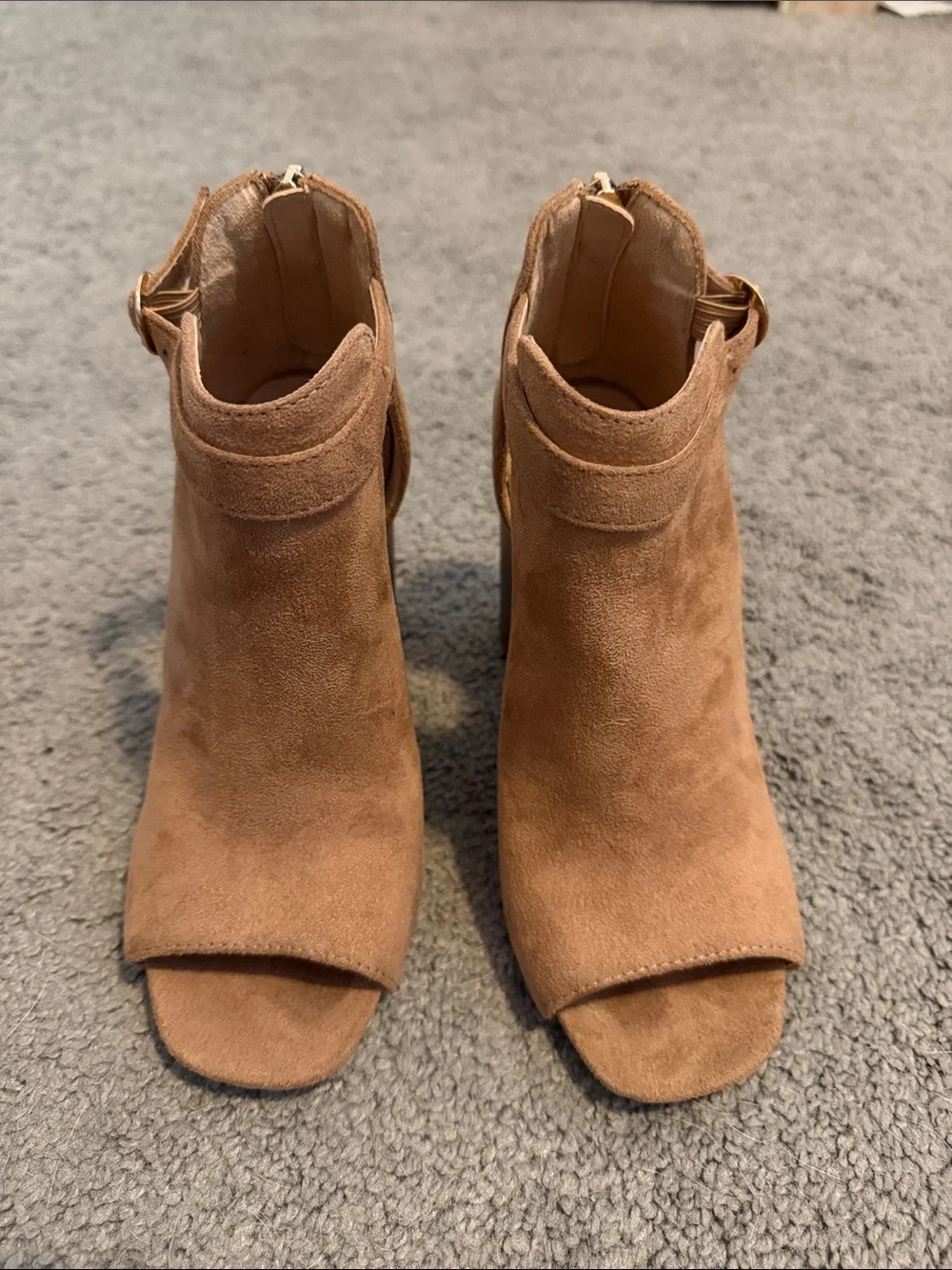 Suede Peep-Toe Block Heel Booties - Tan